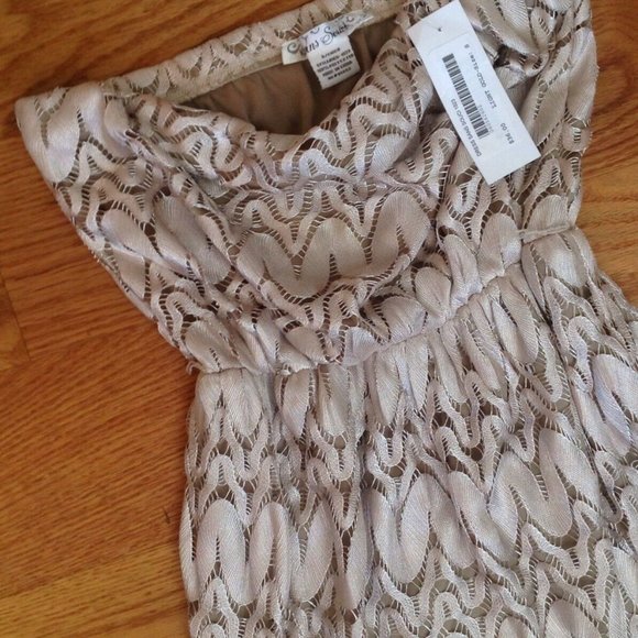 SANS SOUCI STRAPLESS SHEER LACE MAXI DRESS WOMENS S BEIGE LINED POLYESTER BOHO - Picture 12 of 12